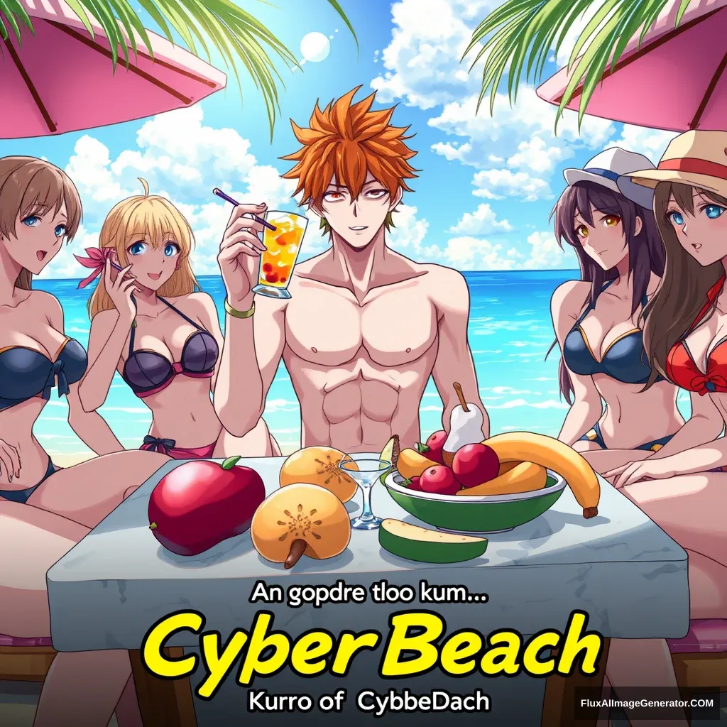 "Imagine the character 'Kurosaki Ichigo' in the photo from this link: https://i.pinimg.com/originals/11/4e/13/114e13044642cb235c089b9d6551049d.jpg who is on vacation at the beach surrounded by beautiful anime girls in swimsuits, while drinking a cocktail. The character has orange hair. On the table, there are exotic fruits. Below, put a caption in Italian 'A greeting from Kuro of CyberBeach,' with the word 'CyberBeach' in a Cuban style. Detail 8k, hyper-realistic." - Image