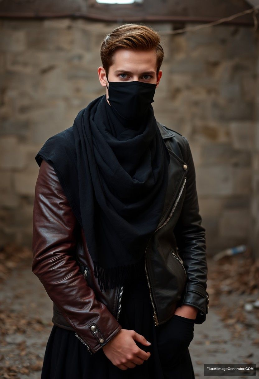 Jamie Dornan's head and body shot, handsome, face mask black, black leather jacket, dating, love with the biggest black hijab Muslim girl, not tall, beautiful eyes, face mask, maroon leather jacket, biggest black skirt, hyper realistic, studio photography, full body photo, explore at abandoned castle.