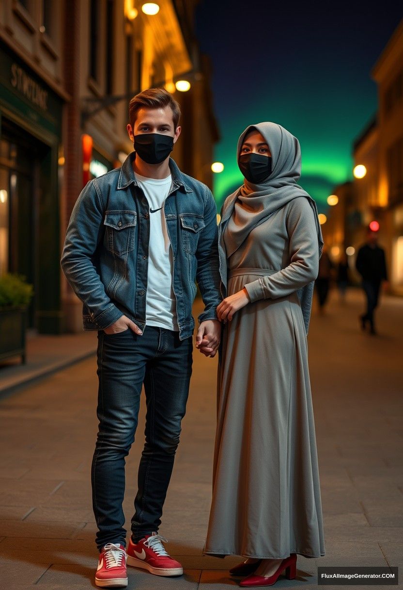 Jamie Dornan, handsome, black face mask, white Nike t-shirt, jeans, sneakers, dating romantically with a beautiful Muslim girl in a grey hijab, beautiful eyes, black face mask, denim jacket, very long and big skirt, not a tall girl, red sneakers, holding hands, in town, photorealistic, street photography, full photography, selfie photos, night scenery, aurora.