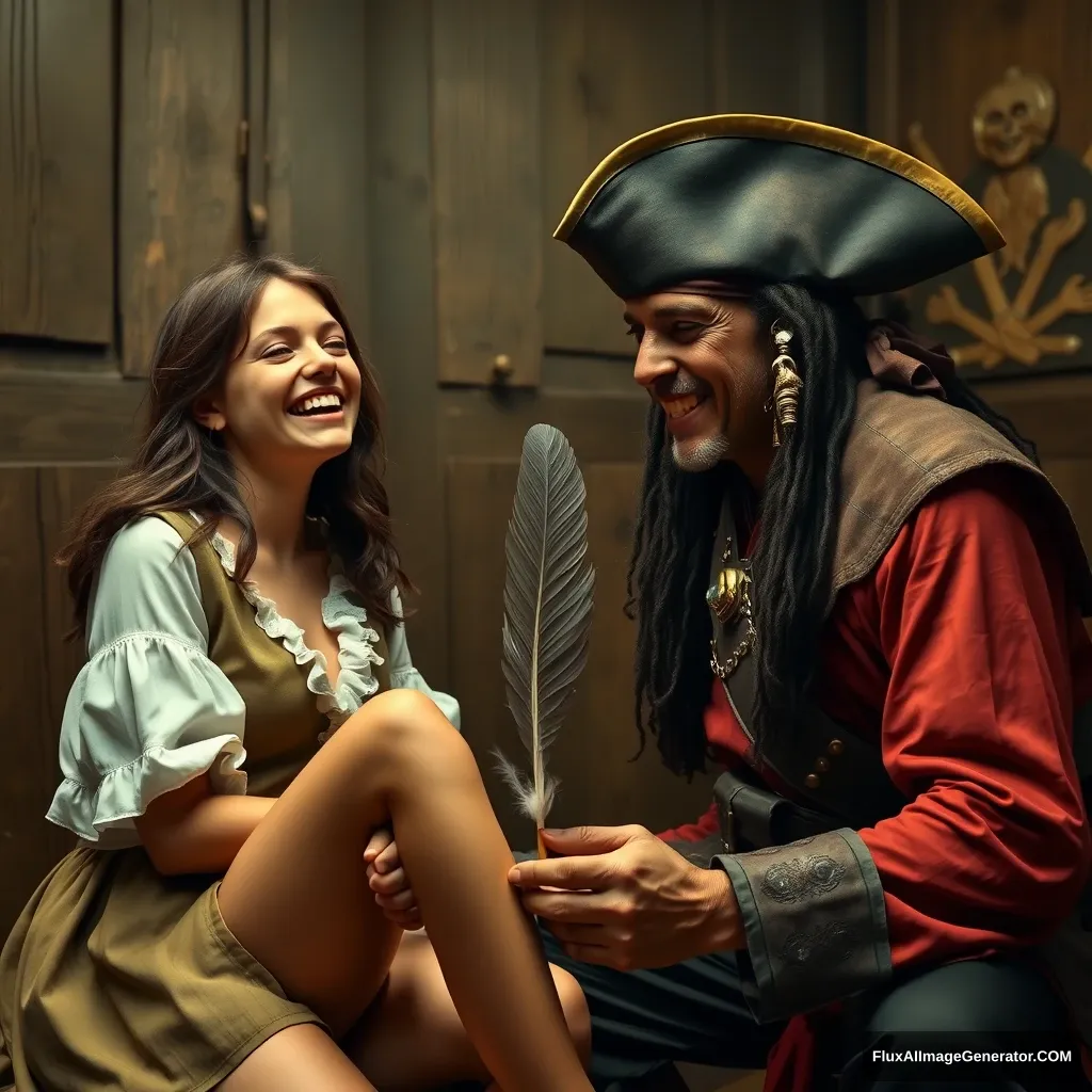 A young woman laughing in the interrogation room while a pirate tickles her foot using a feather.