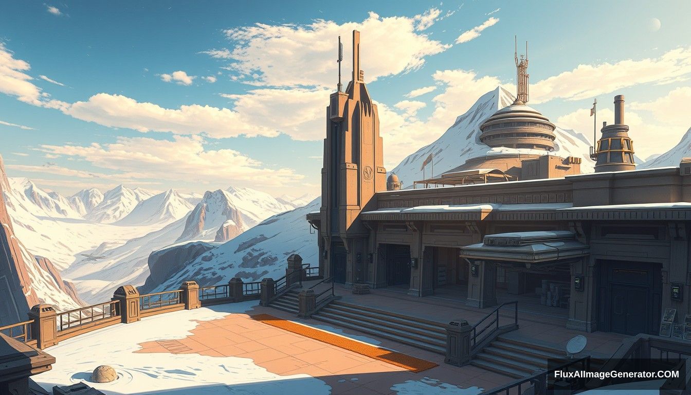 cel shaded art, wide shot, a sci-fi center on the top of a snow mountain, open air, close look, cyberpunk, military base, Star Wars style, indoor, patio, morning, sunlight, fortress, mountain, rock, snow.