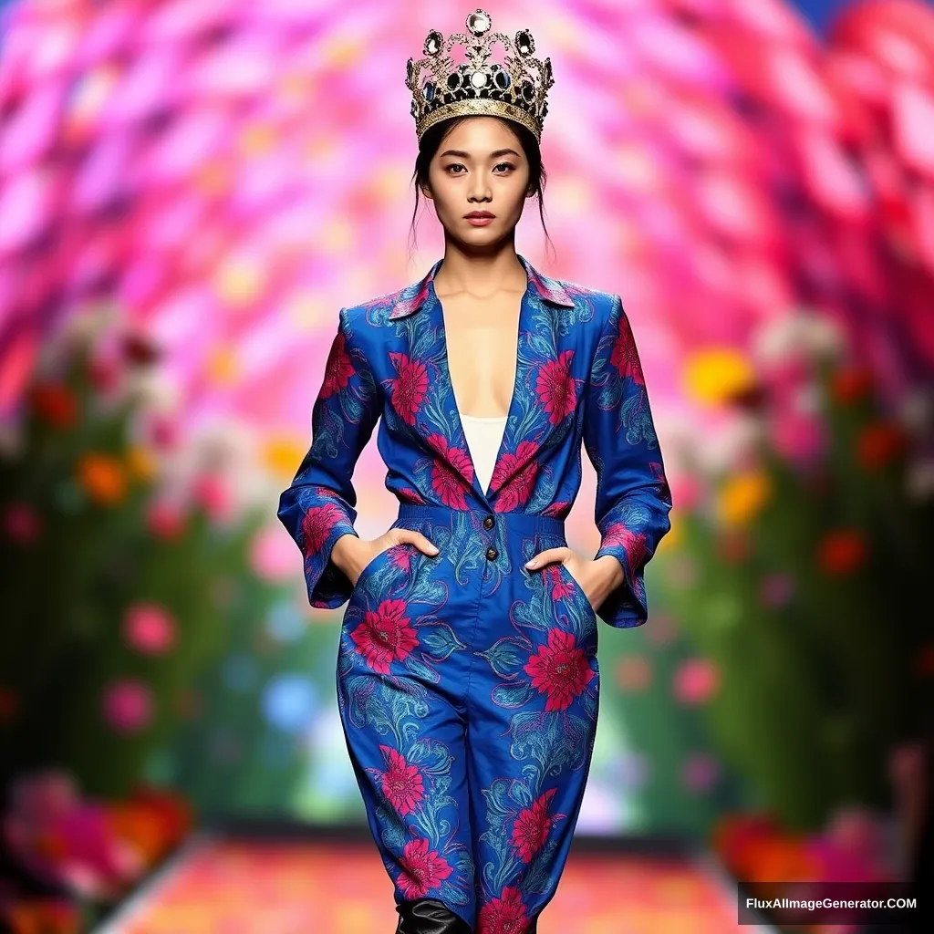 A Korean female fashion model is wearing a jumpsuit styled one-piece (colorful patterned based on blue), jeweled fancy crown, and leather long boots. The front of the top is open, with a colorful flower runway and a defocused background.