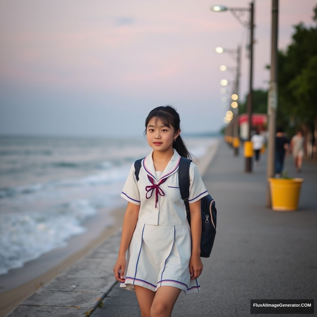 'A female student walking by the seaside, beach, dusk, Chinese, street, Chinese school uniform, 14 years old.' - Image