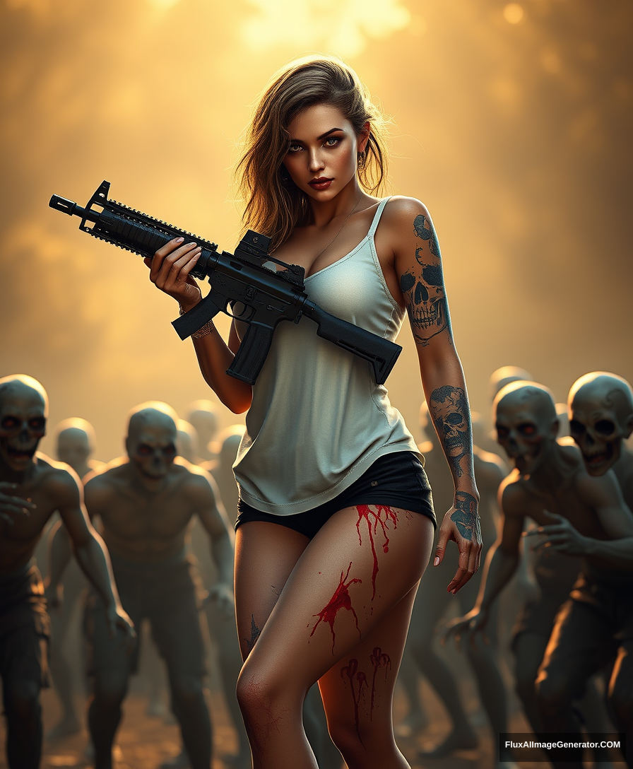 Portrait of a sexy woman in a white vest and black shorts, with many gypsy-style skull pattern tattoos on both arms and legs, scratched skin on her arms, splashed blood on both arms and legs, holding an AR-15 rifle in an aiming posture, surrounded by scary zombies, golden hour lighting, ray tracing, global illumination. - Image