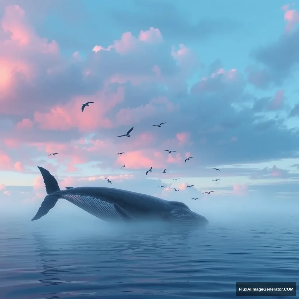 A peaceful landscape where the birds are flying around the huge whale, under the blue and magenta tone clouds.