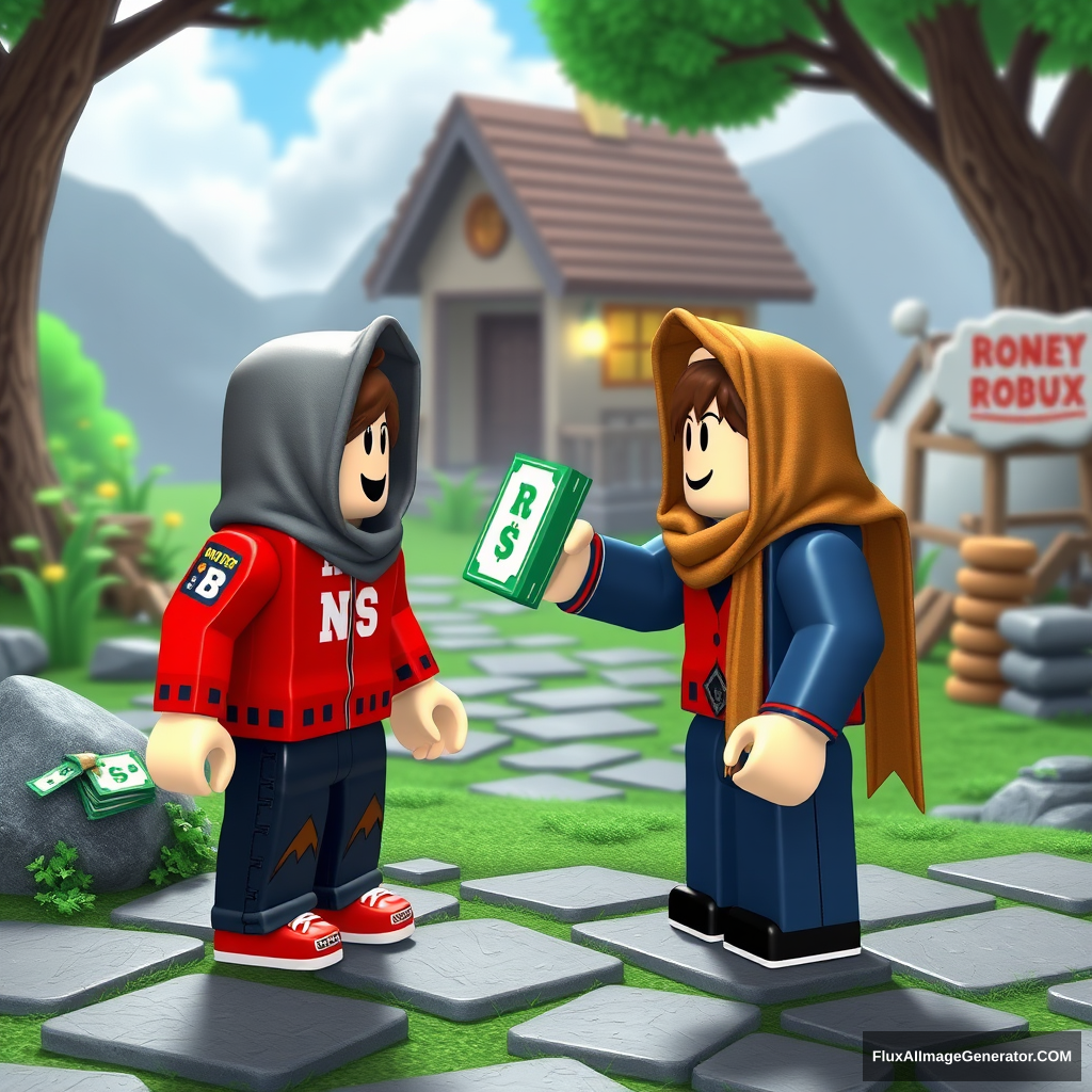 Please donate Robux in the Roblox game by standing and begging for Robux from another character, while the character gives Robux as money to the poor. Please give money. This is a Roblox game with a detailed and explained background place.