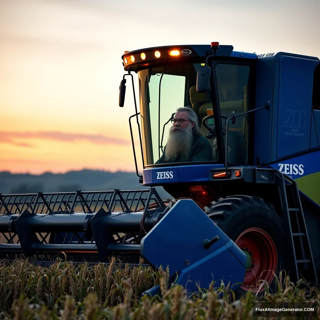 Carl ZEISS with a long beard operating a combine harvester at dusk in Tuscany. The combine harvester has a ZEISS logo on it and is blue. - Image