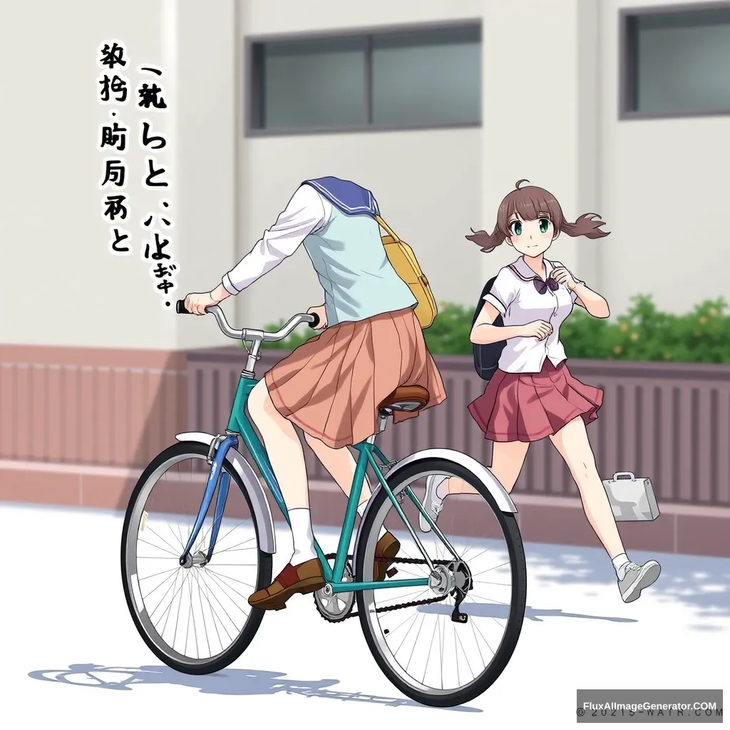 A female student is riding a bicycle in a skirt, while another girl is running behind her. There are Chinese characters or Japanese.