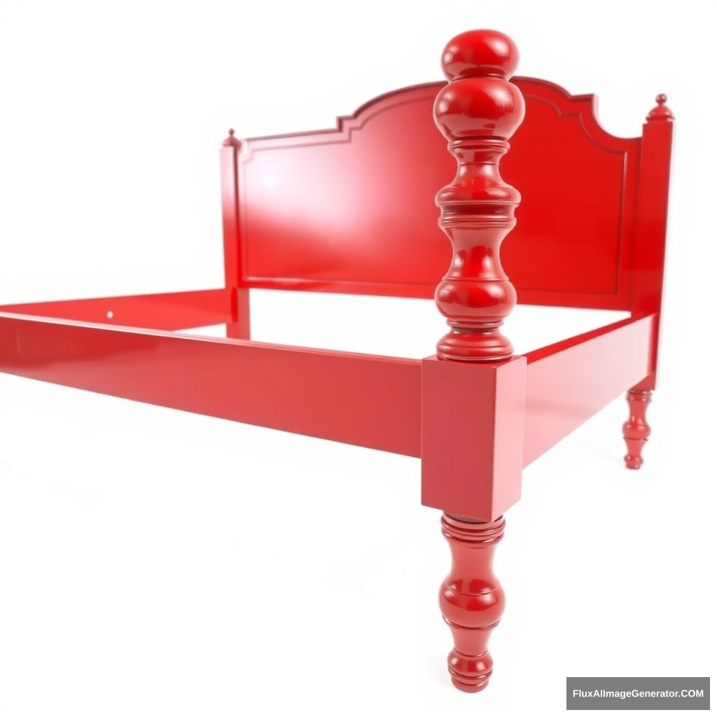 A polished red bed frame with ornate finials on white background - Image