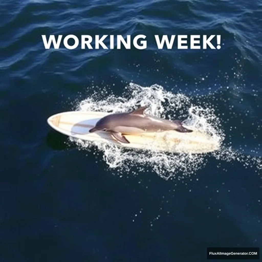 A dolphin on a surfboard swims through the waves of the working week. - Image