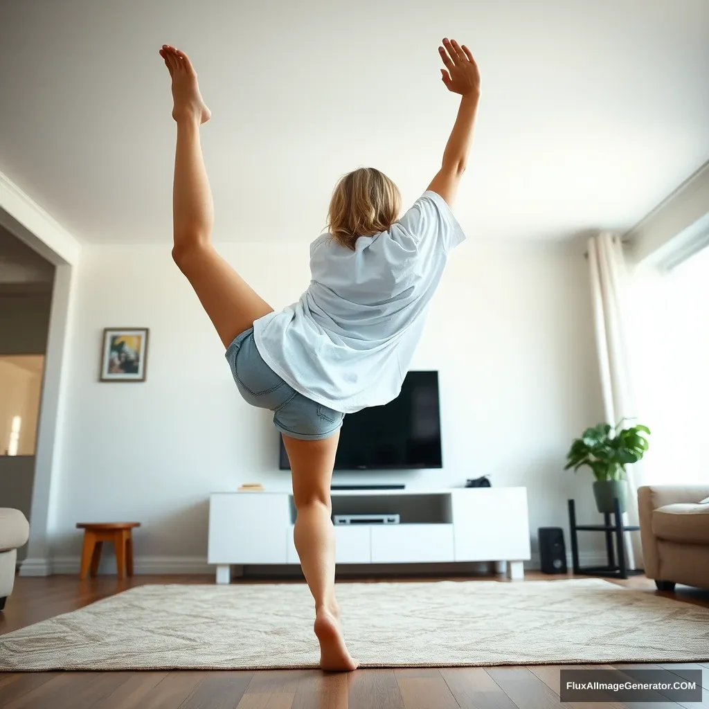 Side view angle of a skinny blonde woman in her large living room, wearing an overly oversized white t-shirt that hangs awkwardly on one of her shoulders. She is also wearing baggy light blue denim shorts and no shoes or socks. Facing her TV, she dives headfirst into it, arms raised beneath her head, with her legs high in the air, positioned at a 60-degree angle. - Image