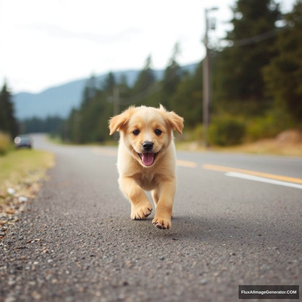 A puppy running down the road.