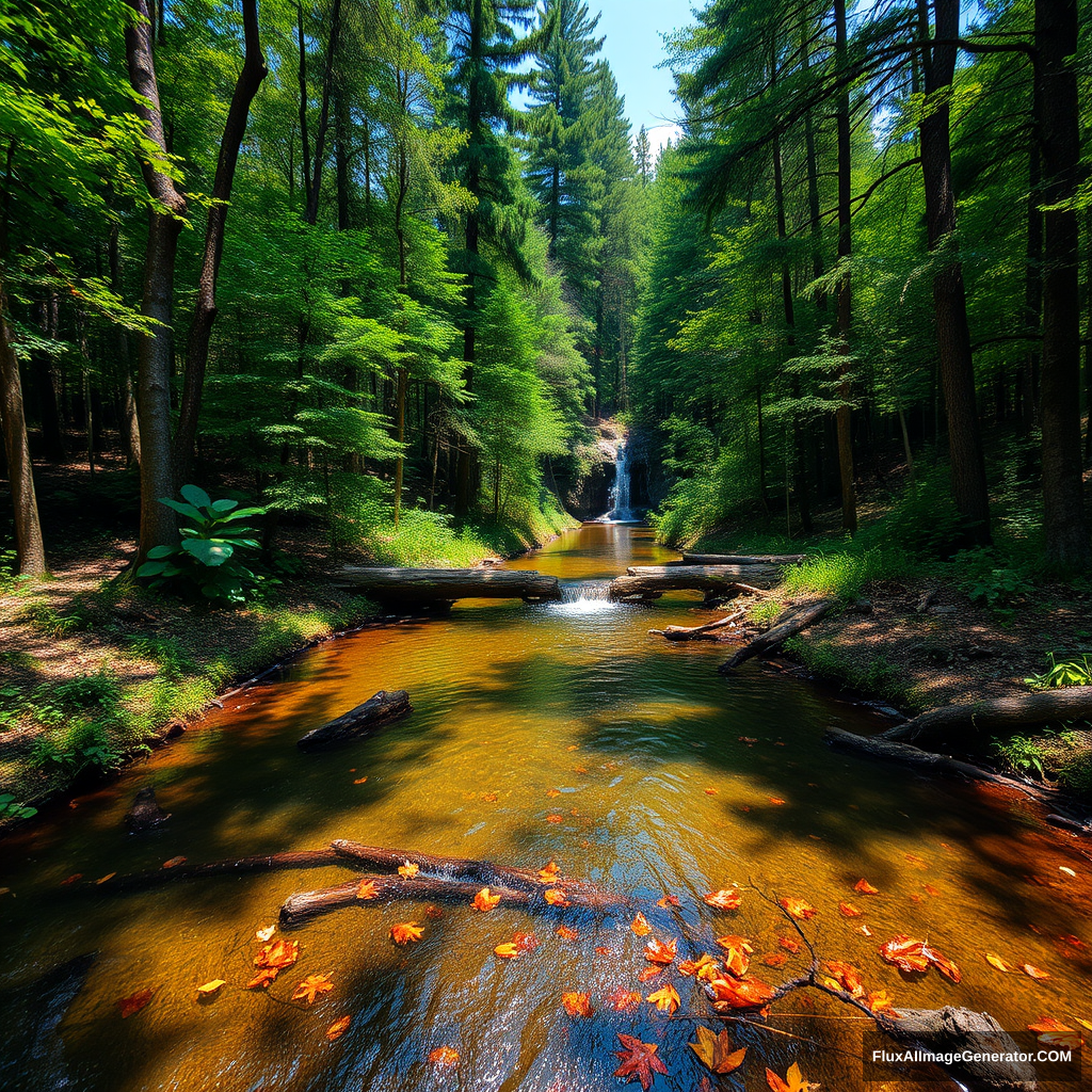 dream think A dense forest filled with various types of trees, a small stream flowing out from the center of the forest. The water of the stream is crystal clear, reflecting the blue sky and the surrounding greenery. There are fallen leaves and branches floating on the surface of the stream. The forest is alive with the sounds of birds and insects. --hd --v 5 - Image