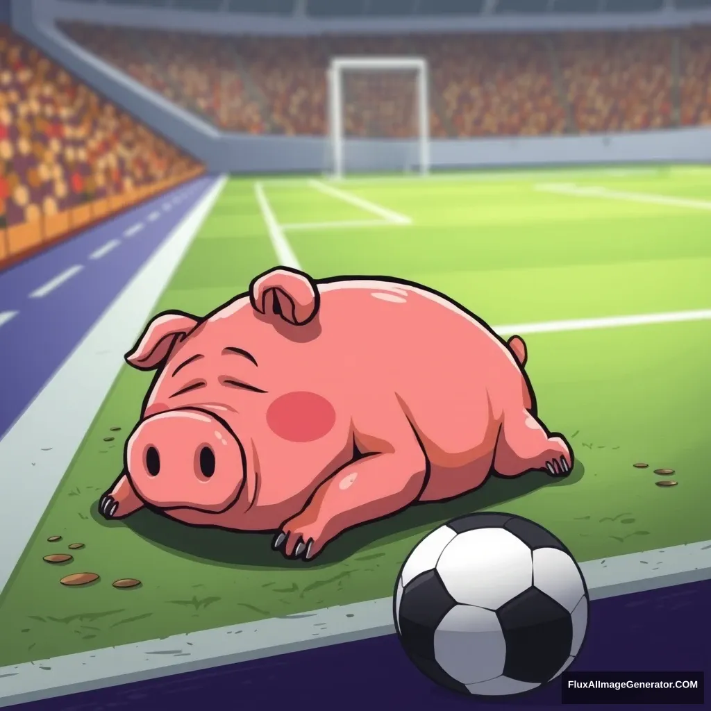 A personified piece of pork belly, slumped over resting at the side of a soccer field, in a cartoon style. - Image