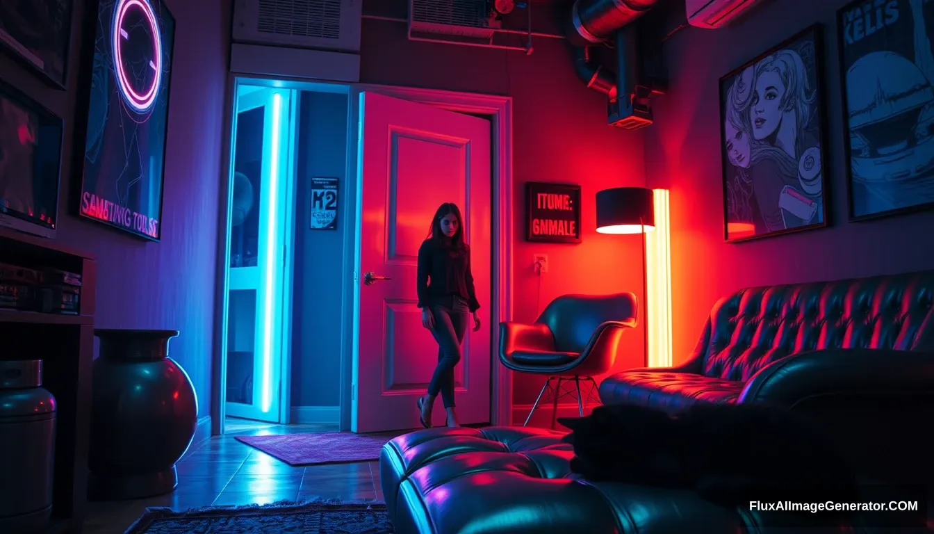 A woman steps through a glowing door into a dimly lit cyberpunk room, vibrant neon hues reflecting off metallic surfaces, while a sleek black cat dozes peacefully on eclectic furniture.