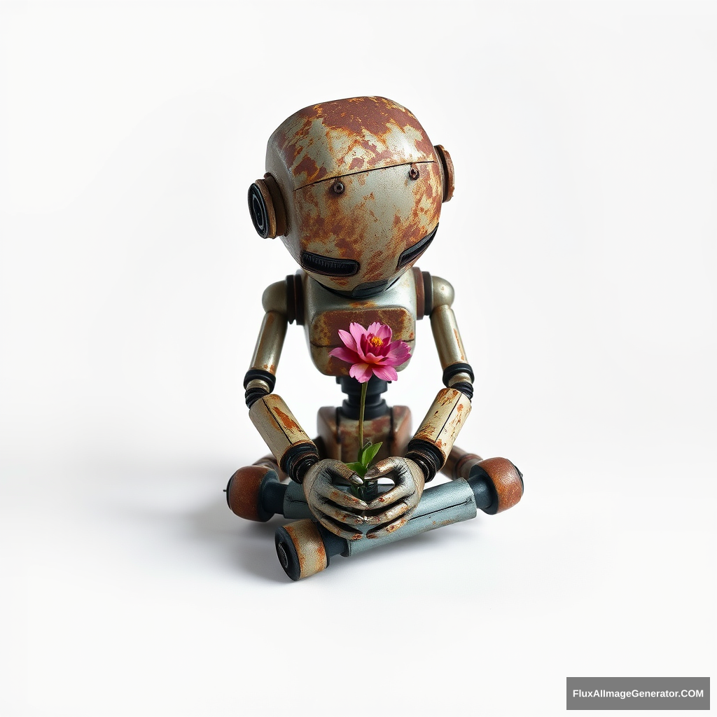 Create an image of an old, rusty robot sitting on a white background. The robot should have a worn, corroded appearance, with its head bowed down, reflecting a deep sense of sadness. In its hands, it gently holds a single flower, adding a poignant contrast to its metallic, aged exterior. The overall scene should evoke feelings of melancholy and solitude, with the white background emphasizing the robot's isolation.