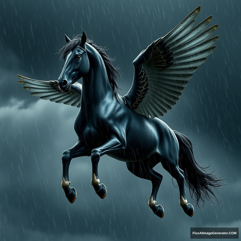 A black Pegasus flying through dark clouds while getting wet in the rain. Raindrops are flowing down the Pegasus's face and entire body. White bones are visible on its chest, legs, wings, neck, and face. photography. side view.