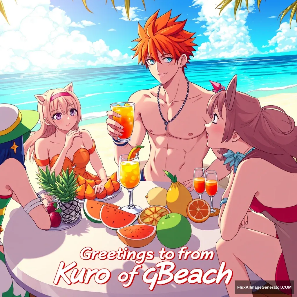 "Imagine the character 'Kurosaki Ichigo' in the photo from this link: https://i.pinimg.com/originals/11/4e/13/114e13044642cb235c089b9d6551049d.jpg who is on vacation at the beach surrounded by beautiful anime girls in costumes, while sipping a cocktail. The character has orange hair. On the table, there are exotic fruits. Below, put a caption 'Greetings from Kuro of CyberBeach' with the word CyberBeach in a Cuban style. Detail 8k, hyper-realistic." - Image