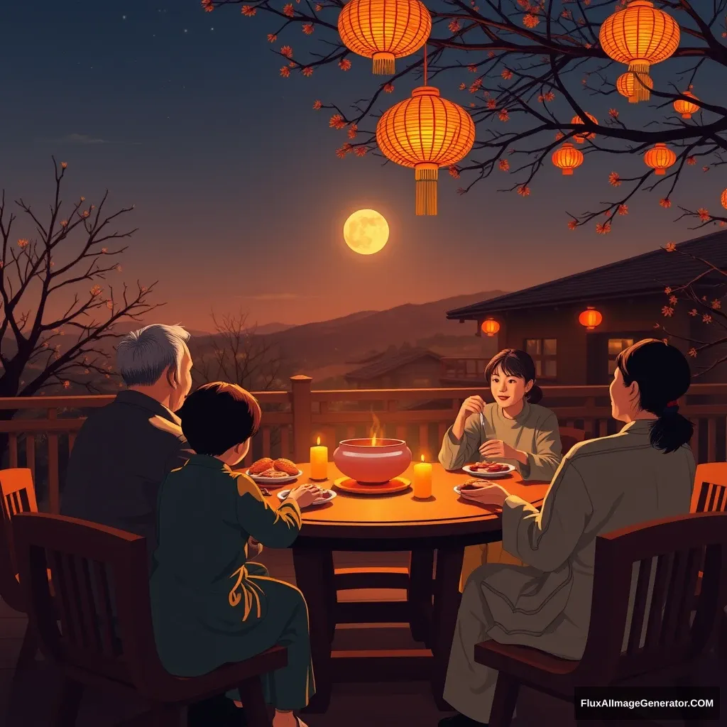 On the evening of Mid-Autumn Festival, the family sat around the outdoor round table, watching the full moon in the sky while eating moon cakes.