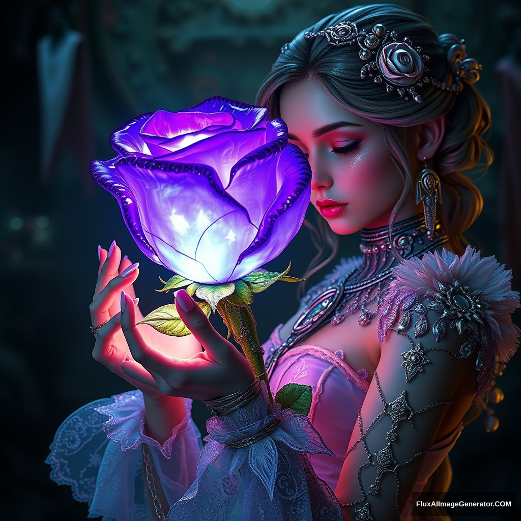 The biopunk beautiful girl in love holds a shining violet transparent rose: extremely detailed, fantasy, intricate, hyperrealistic, 8K 3D, Greg Rutkowski, sci-fi horror.