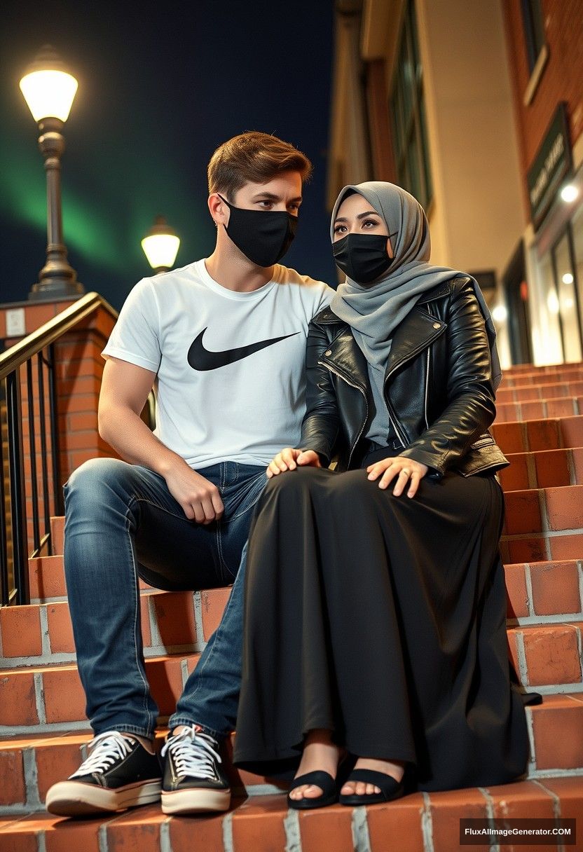 Jamie Dornan, tall, handsome, wearing a black face mask, a white Nike T-shirt, and jeans,

dating in a love romantic scenario with a grey hijab-wearing Muslim girl, who has beautiful eyes, a black face mask, a leather jacket, and a very long and wide skirt, not a tall girl,

sitting on brick stairs in town, photorealistic, street photography, selfie photos, night scenery, aurora borealis.