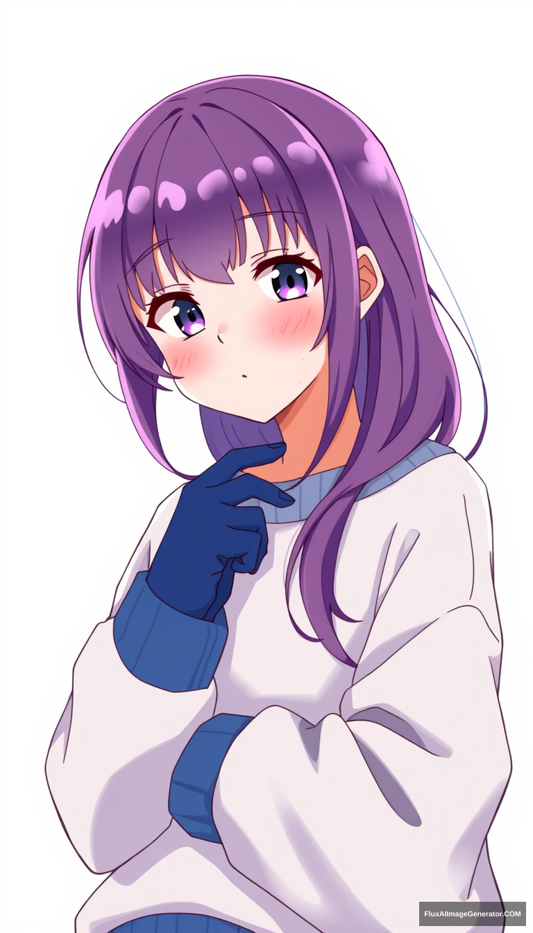 cute anime girl oversized sweatshirt purple hair, blue gloves