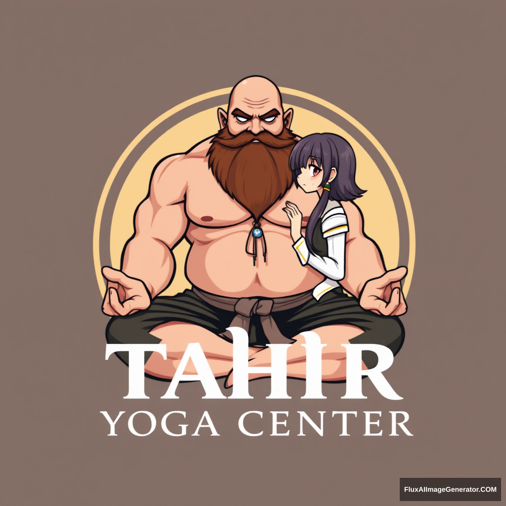 "Tahir Yoga Center" logo: a muscular large bald dwarf with a beard in the lotus position flirts with an anime girl. - Image