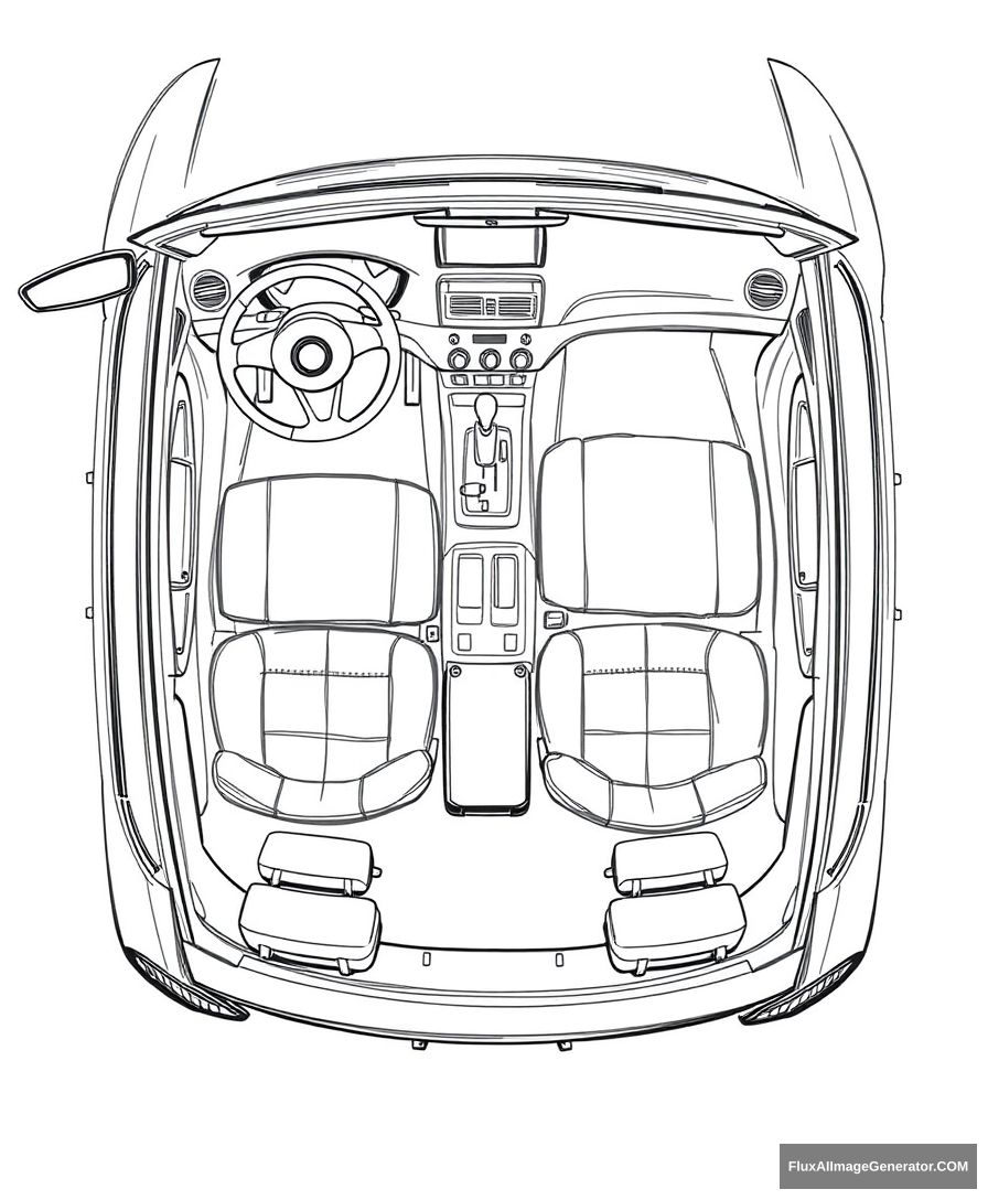 Create a detailed black and white top-down sketch of a car's interior. The sketch should include the following elements:

Dashboard:

Show the layout of the dashboard, including the steering wheel and instrument cluster.
Seats:

Illustrate the driver’s seat and passenger seats with their relative positions.
Center Console:

Depict the center console area between the front seats.
Doors:

Include the door panels for both the driver and passenger sides.
Trunk Area:

Show the trunk space at the rear of the car.
Windows:

Outline the windows on all sides of the car.
General Wiring Paths:

Indicate general paths for wiring without specific labels.
Objective:
The sketch should provide a clear, black and white representation of the car's interior layout without any labels or descriptions. - Image