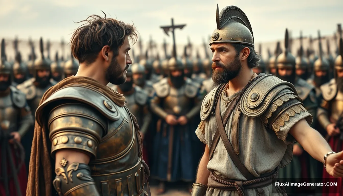 Create an image of two men standing apart and arguing while onlookers crowd around. The man on the right is a young man with messy unkempt hair and a beard, wearing just a simple biblical-era shepherd’s tunic. He has a serious expression and is looking intently at the left eye of the other man. His arms are stretched out to the sides, also displaying a serious expression. The other man is built like a slim athlete, looks middle-aged, has a Jewish black beard, and is wearing a full suit of bronze-age Mesopotamian armor with laminated strips of bronze and a conical helmet with a pointed tip. The background shows a blurred crowd of soldiers who are also wearing armor similar to that of the king. Standing on the horizon further in the background is a blurred front of a large biblical-era army. The overall mood of the image is one of anxiety and concern. - Image