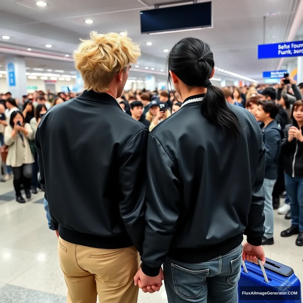 A man with curled, blonde hair at ear length and a man with ebony hair in a low ponytail are holding each other's hands in front of a large crowd of fans at the airport, showcasing their backs. Both are styled like K-pop idols, with the blonde man being taller.