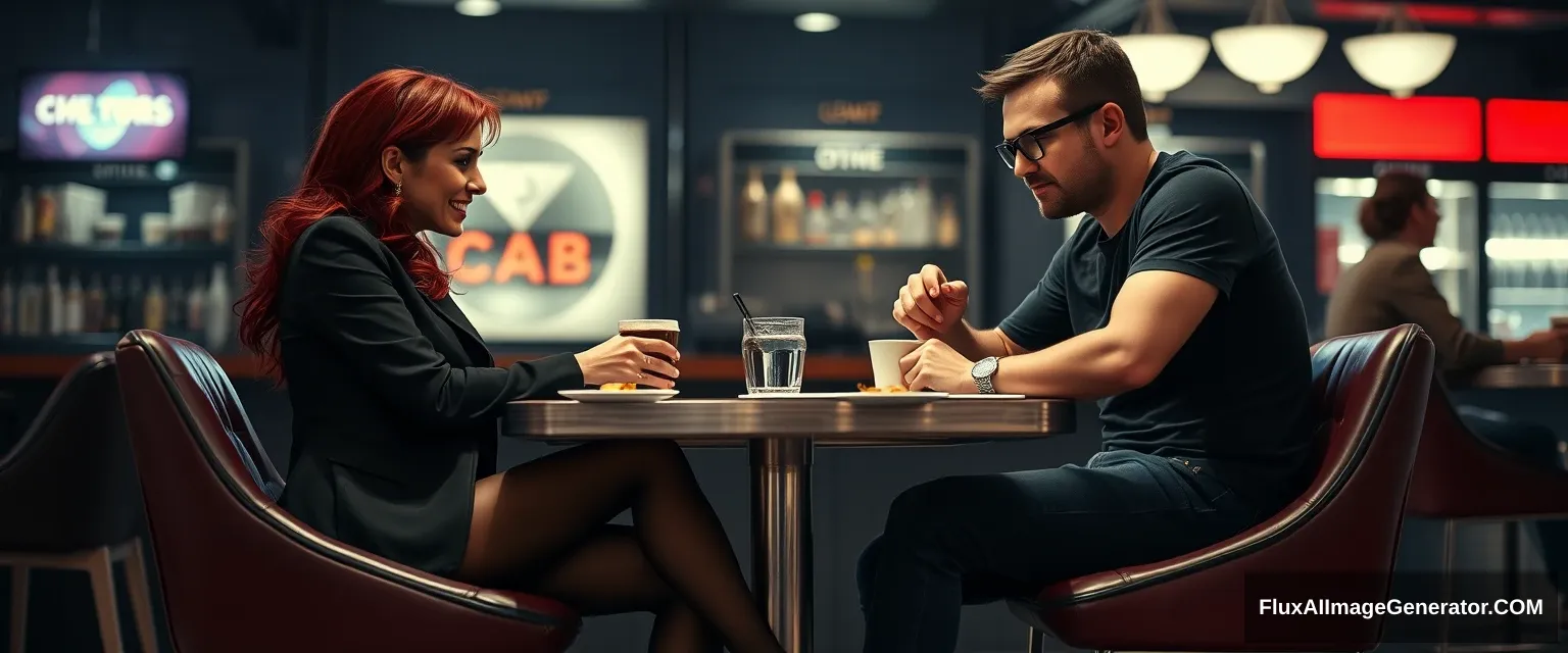 Cinematic Style. A woman and a man are sitting at a table in a bar, having a coffee. The woman has red hair, with a devious grin on her face, wearing business attire, black pantyhose, and open-toe high heels. She looks at the man with superiority. The man is a 20-year-old with glasses, wearing jeans and a T-shirt. Shot from the side, from a distance, showing both of their figures. The woman is looking at the man. The table has one leg in the middle, metallic. The woman and the man are sitting on opposite sides, facing each other. The man is looking down at the table. The woman is looking at the man and has one leg extended forward. Cinematic. - Image