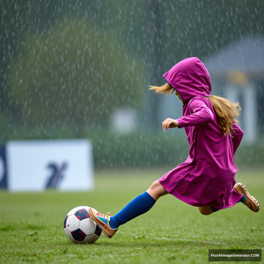 girl playing football in rainy days