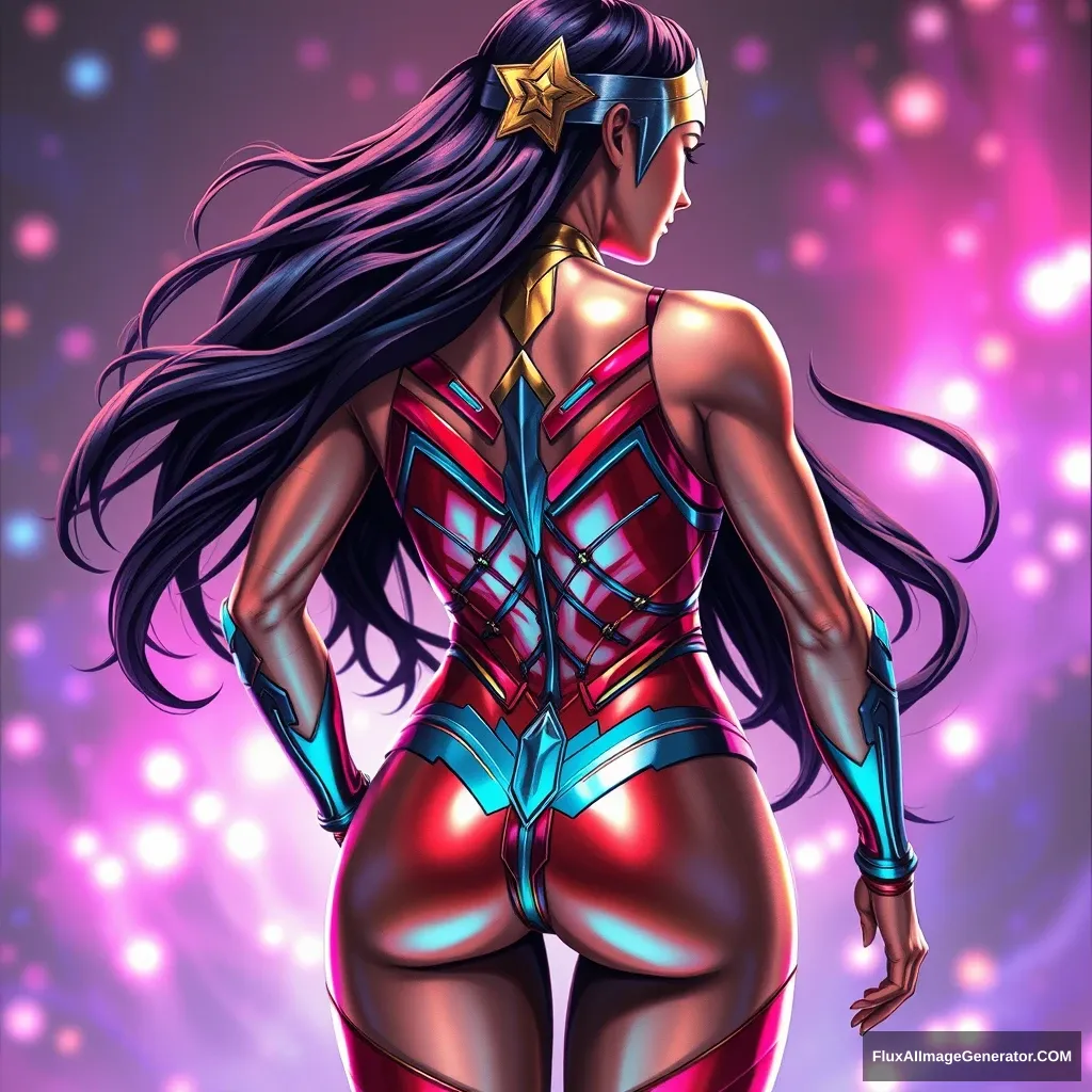 Big chested wonder woman character from a rear view in the year 2099. Full body image from head to toe. In a metallic holographic trading card print. With an extra holographic 3D effect. - Image