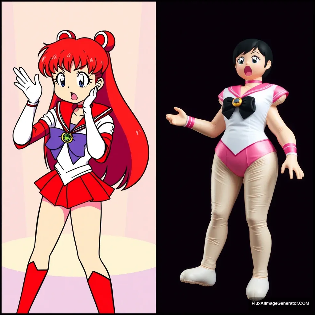 The photograph clearly depicts Sailor Mars panicking and freaking out as she is turned into an inflatable doll from left to right with stark contrast. - Image