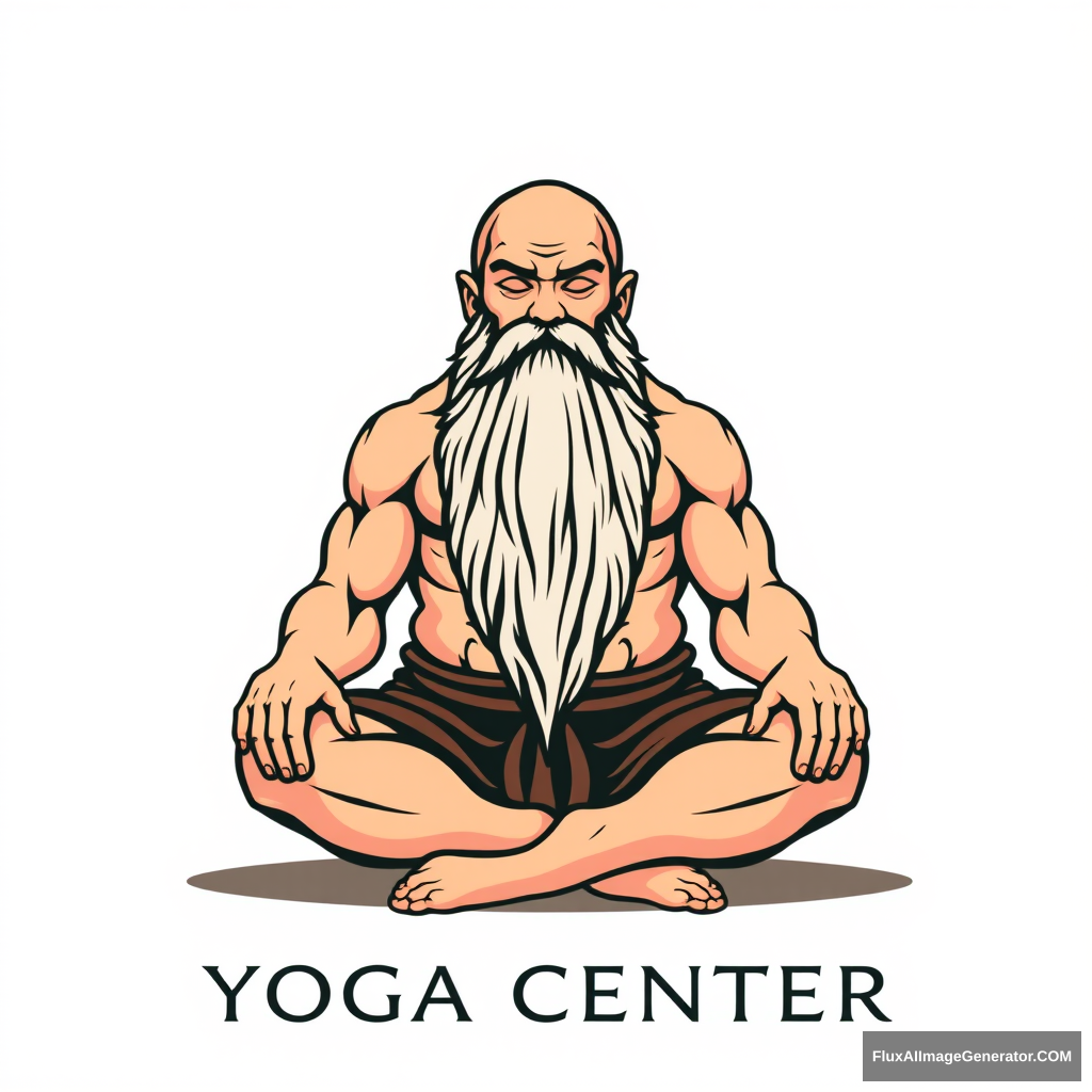 Yoga Center logo: a muscular large bald dwarf in the lotus position with a long beard.