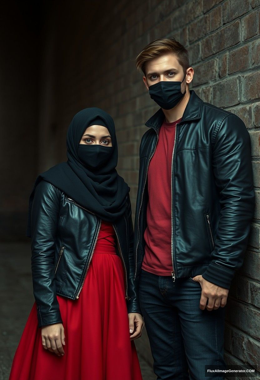 A biggest black hijab girl, beautiful eyes, face mask black, black leather jacket, biggest red longest dress, untall,

Jamie Dornan, handsome, face mask black, fit and tough body, metal red t-shirt, black leather jacket, jeans, tall man,

standing near wall together,
Hyper realistic, photorealistic, street photography, Victoria's abandoned castle, gloomy, darkness.