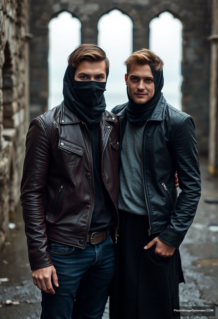 Jamie Dornan's head and body shot, handsome, youngest, face mask black, black leather jacket, jeans, dating, love with the biggest black hijab Muslim girl, not tall, beautiful eyes, face mask, maroon leather jacket, biggest black skirt, hyper realistic, studio photography, full body photo, explore at abandoned castle, at sea, gloomy scenery. - Image