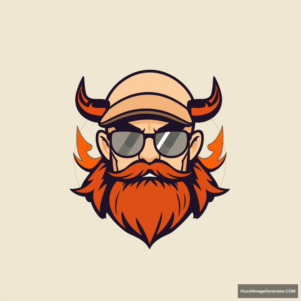 Minimalist logo design: Bald cartoon human male with demonic obsidian horns, fiery ginger beard, and arched eyebrows. Weathered flatcap and aviator glasses. Silhouette incorporates 3D printer shape. Clean lines, bold colors. Futuristic meets retro aesthetic. Symbolizes innovation and rebellion.