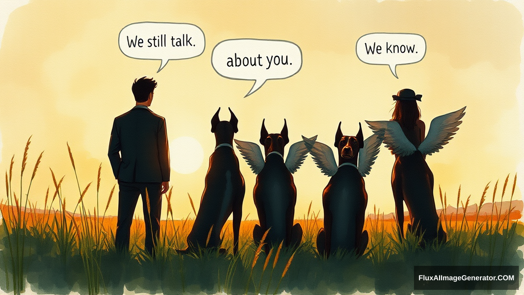 Messy, expressive watercolor illustration: 4 silhouetted figures—2 male, 2 female—stand in a lush meadow at golden hour. 3 ethereal, winged dobermans sit beside them. Facing away from the viewer. Speech bubbles float above: "We still talk about you" (human), "We know" (dog). Nostalgic atmosphere, loose brushstrokes convey wistful longing. - Image