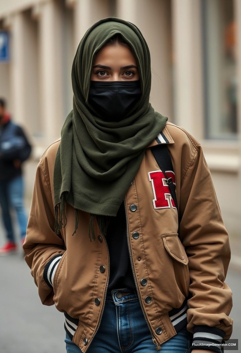 Jamie Dornan, young, black face mask, capital A collage jacket, jeans, red sneakers, dating romantic love with the biggest army green hijab, beautiful eyes, black face mask, college jacket, hyper realistic, street photography, full photography. - Image