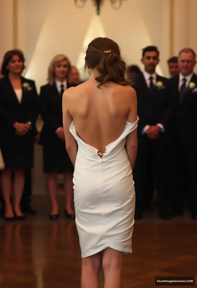 A short young woman, sensitive, delicate, ashamed, wearing a backless, strapless, side-less, low-waisted, open-back contouring wedding dress with a very loose top that seems like it's coming undone, in front of patriarchy, expectations.