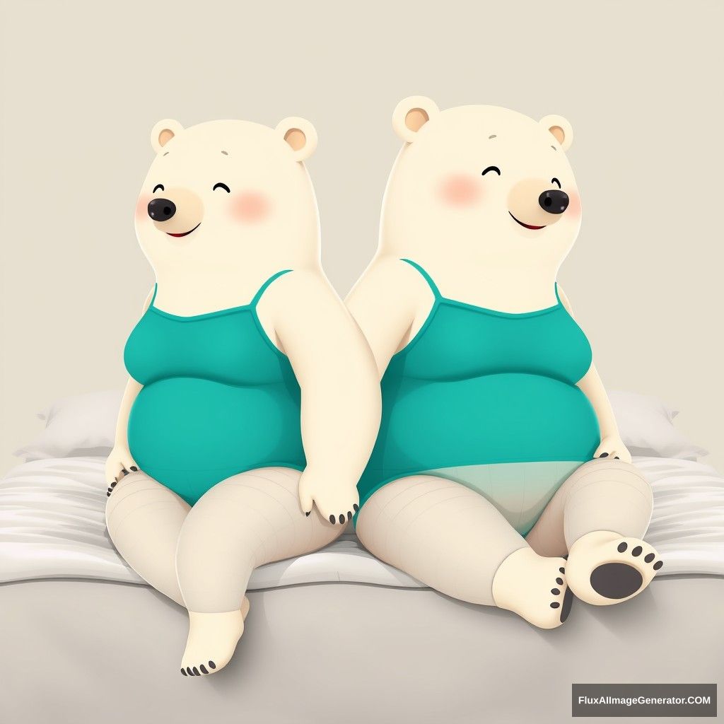 A chubby couple of realistic cartoon polar bears, wearing turquoise navy blue leotards and white ribbed pantyhose, sitting on the edge of a bed, full body pose sideways, hands holding each other's waist.