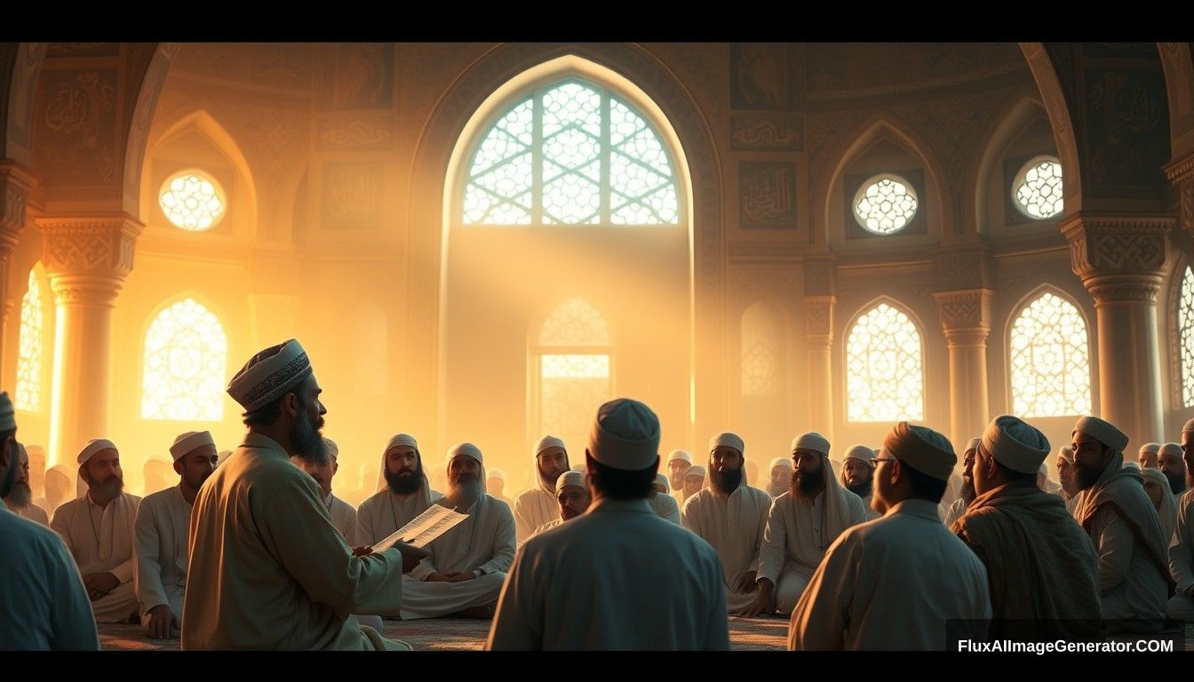 Tamim ad-Dari reporting his experience to Prophet Muhammad (SAW) in a serene mosque setting, with the Prophet surrounded by his companions, all listening intently. Ultra HD, realistic, serene, with warm and cinematic lighting. - Image