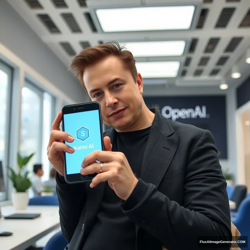 Elon Musk sostiene un teléfono y la pantalla del teléfono muestra la aplicación KainoAI, el fondo es la oficina de OpenAI.