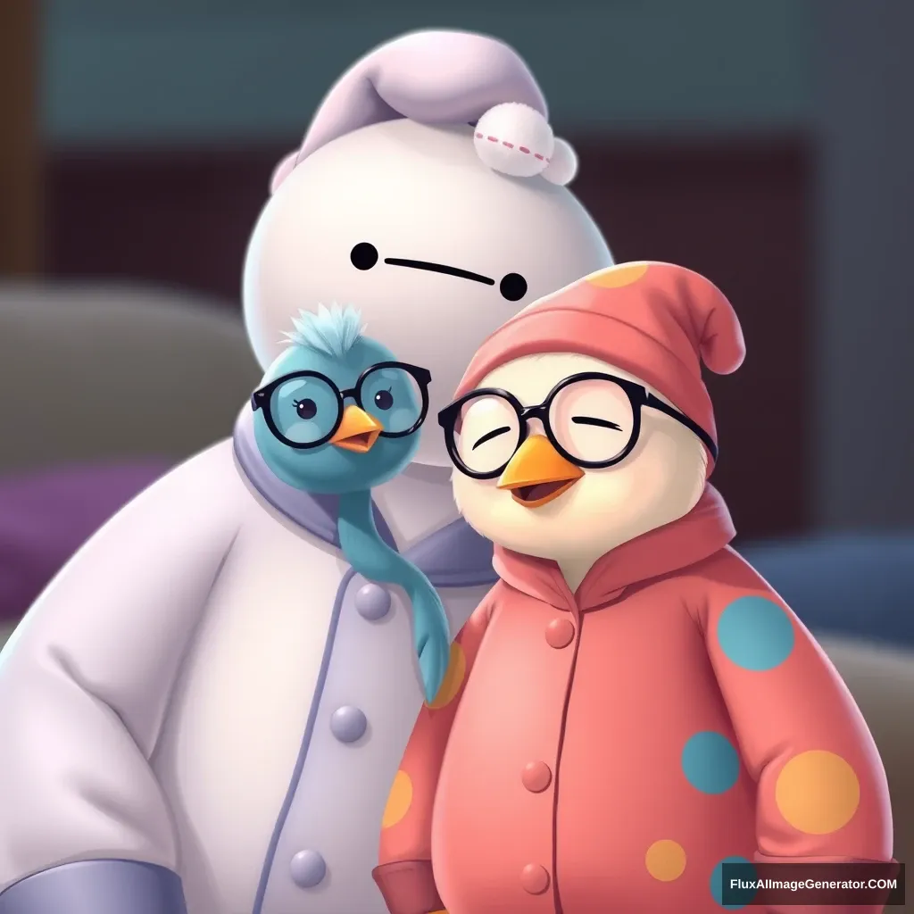 Small and sweet Kawaii little bird with glasses, a nightcap, and pajamas next to Baymax, who is wearing a beautiful pajama and a sleepy hat.