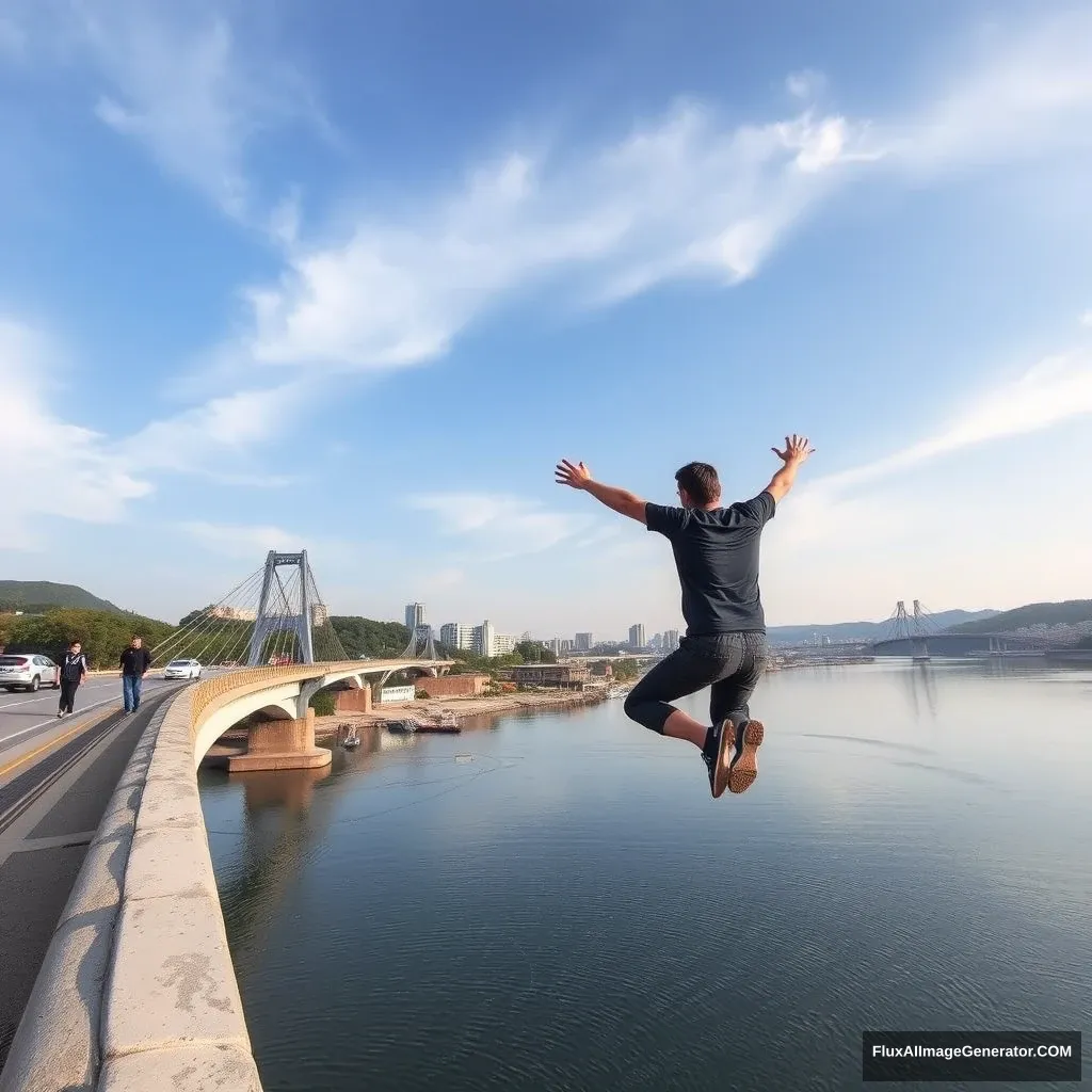 "Bungee jumping from a bridge over the Han River."