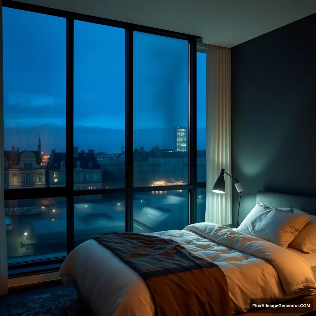 Modern bedroom apartment, big glass window, midnight in France, a study lamp lighting.