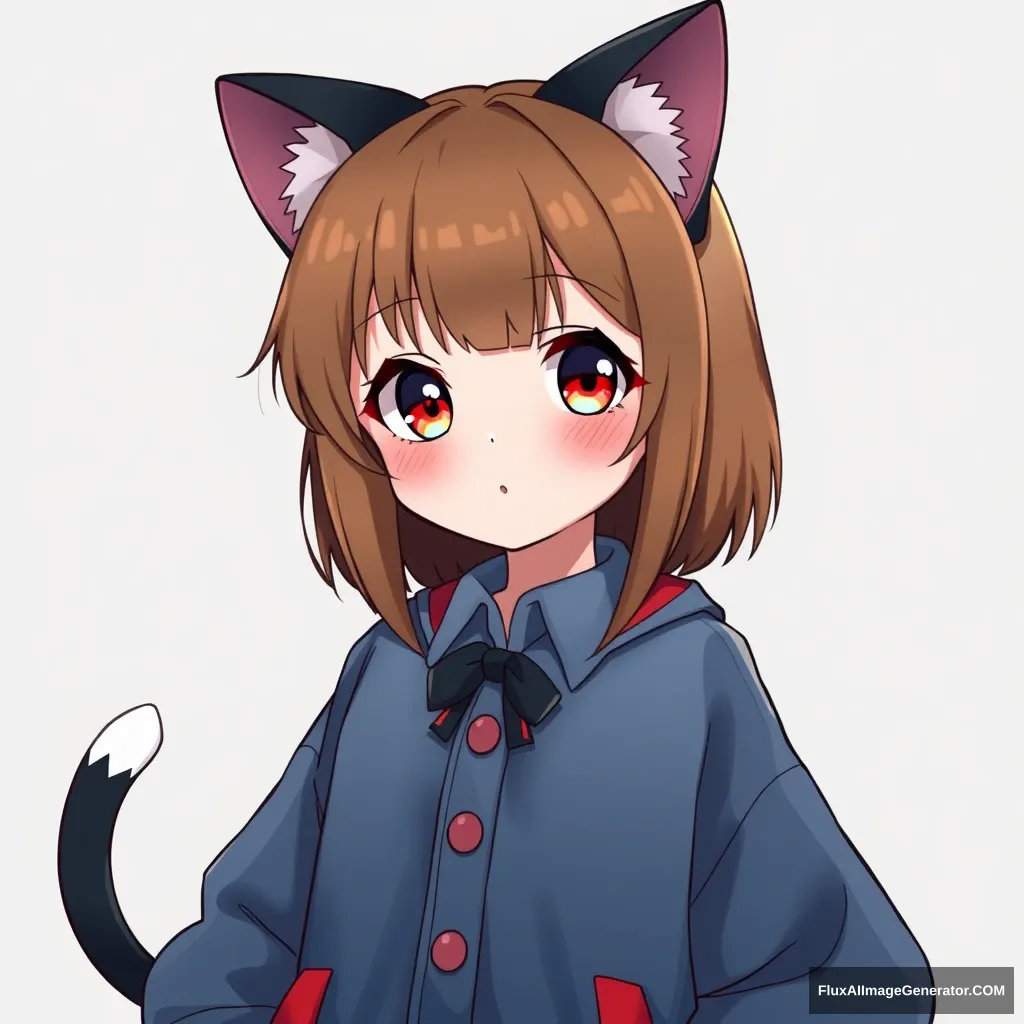 Very cute and kawaii anime girl with cel shading and oversized clothes. Cat-like girl. Cute button-up. Red and blue incorporated into her clothing. She has black cat ears and a black cat tail with a white tip, and tiny glimmering fangs. - Image