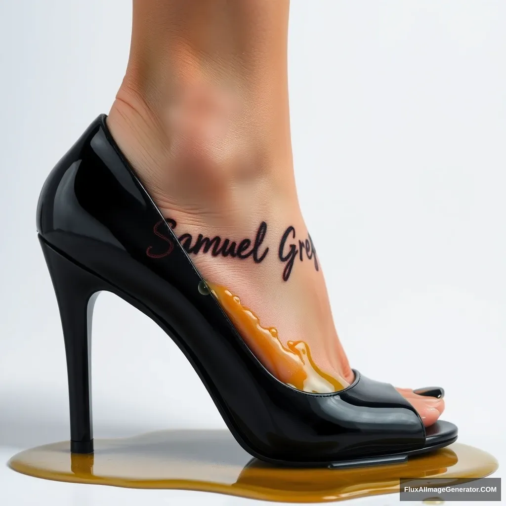 The name "Samuel Greg" on a woman's foot in a black high heel. There is oil all over the foot. - Image