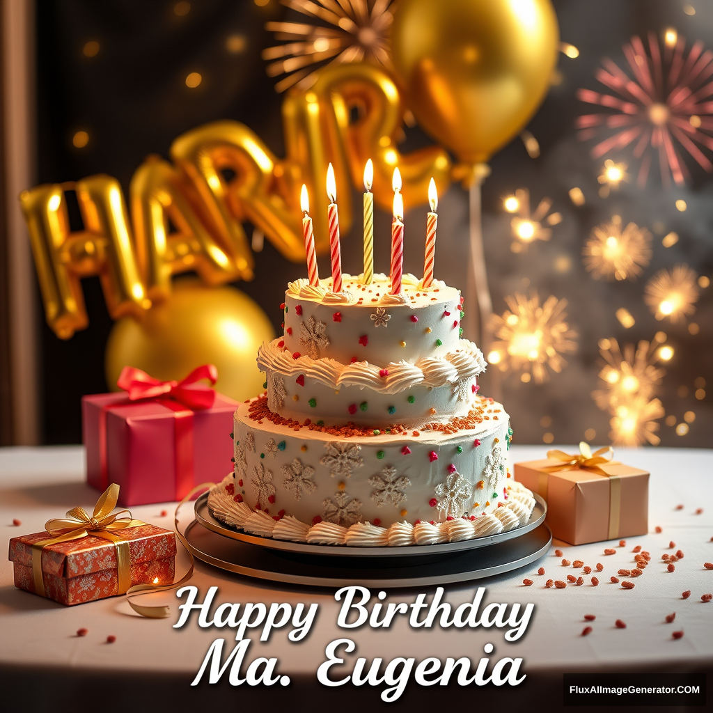 A 2 tiered birthday cake, 5 candles, gifts decorate the table, golden balloons float and fireworks accompany them in the background. A beautiful phrase reads "Happy Birthday Ma. Eugenia".